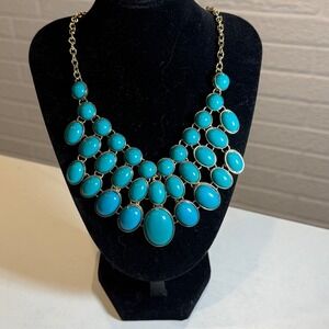 Statement Necklace Turquoise Blue Gold Tone Bib Costume Jewelry Women's